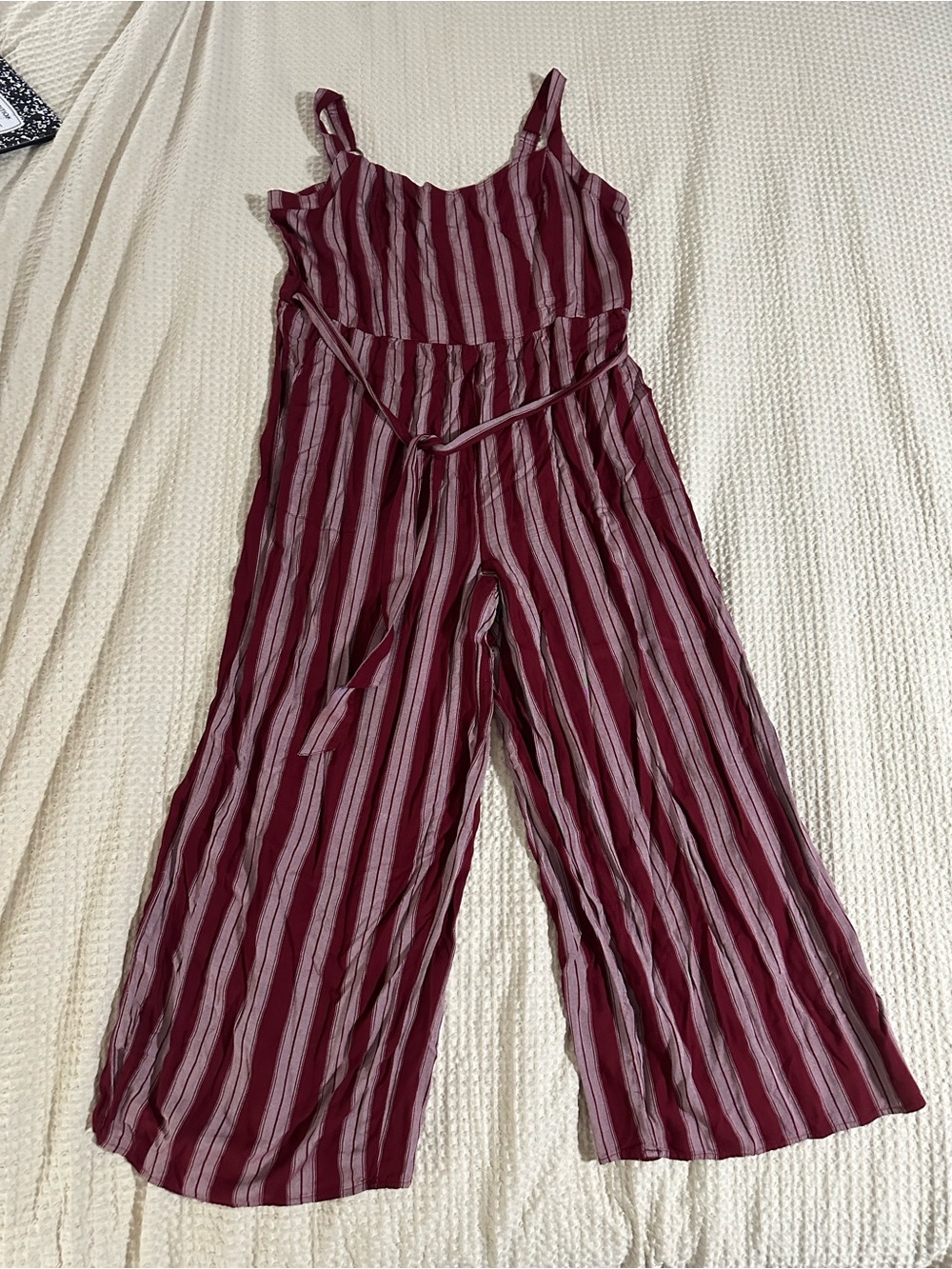 American Eagle Outfitters Burgundy and white Striped Wide-Leg Jumpsuit